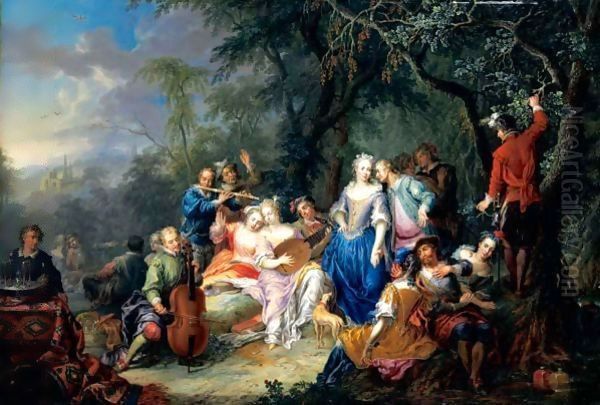 An Elegant Company, With Figures Playing Musical Instruments And Merrymaking Oil Painting by Frans Christoph Janneck