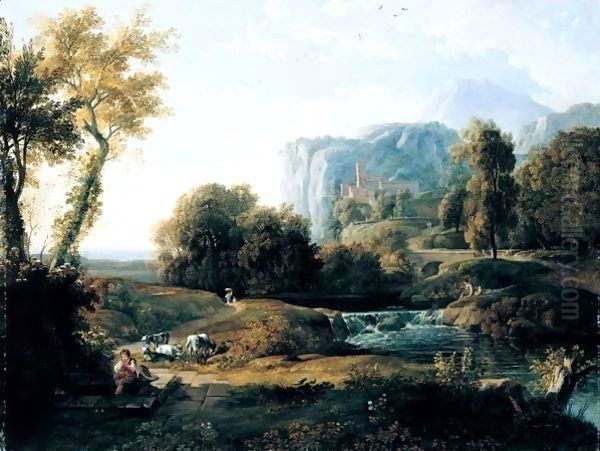 An Italianate Landscape With A Shepherd And Fishermen By A Stream Beyond Oil Painting by Nicolas-Didier Boguet