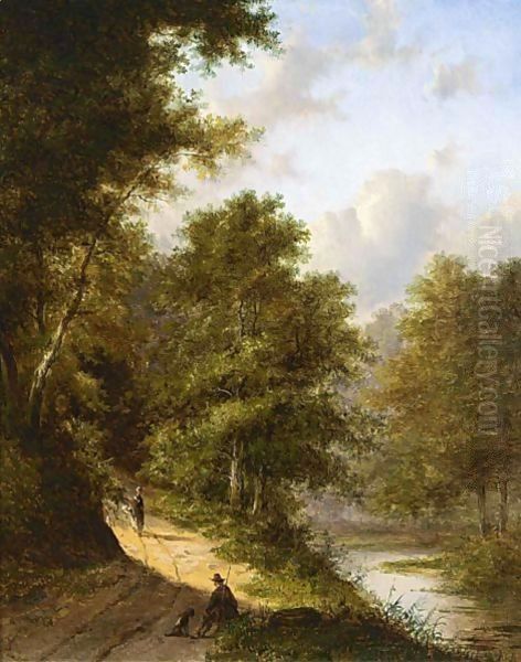 A Hunter And His Dog Resting In A Wooded Landscape Oil Painting by Jan Evert Morel