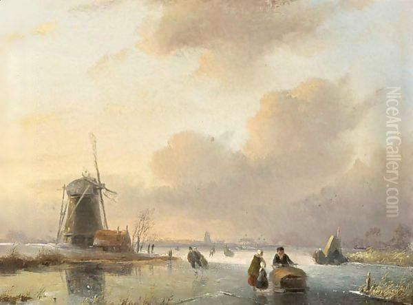 Skating Figures By A Windmill Oil Painting by Jan Jacob Coenraad Spohler