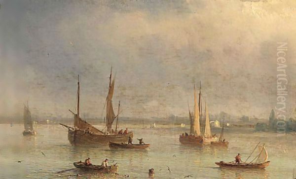 Fishingboats In A Bay Oil Painting by Herminie Gudin