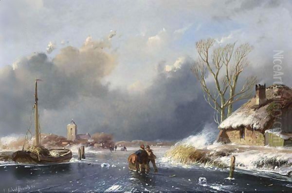 Skaters On A Frozen Waterway Oil Painting by Andreas Schelfhout