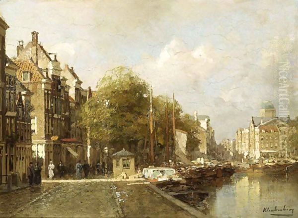 A Busy Quay In Rotterdam Oil Painting by Johannes Christiaan Karel Klinkenberg