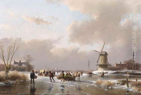 Skaters On A Frozen River Near A A'Koek En Zopie A' Oil Painting by Andreas Schelfhout