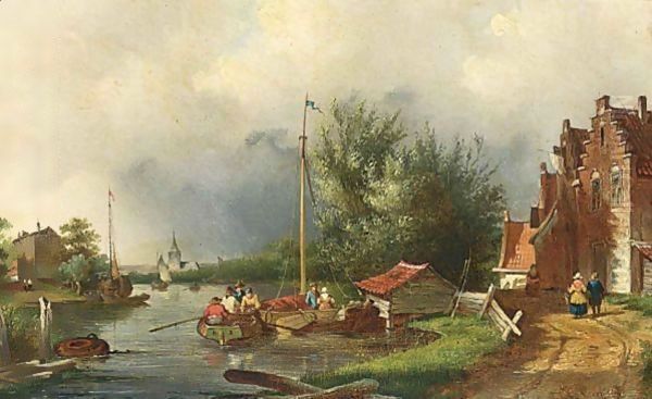 A Summer Landscape With Boats On A River Oil Painting by Charles Henri Leickert