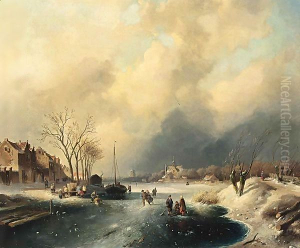 Figures On The Ice By A Dutch Town Oil Painting by Charles Henri Leickert