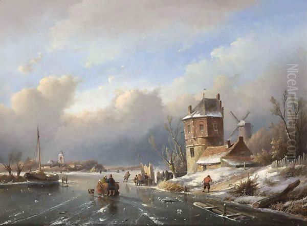 Figures On A Frozen Waterway Near A A'Koek En Zopie A' Oil Painting by Jan Jacob Coenraad Spohler