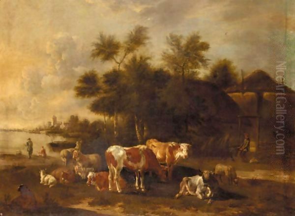 A River Landscape With Cattle And Sheep Before Farm Buildings Oil Painting by Albert-Jansz. Klomp