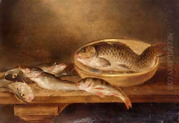 A Still Life Of Fish On A Wooden Table Oil Painting by Alexander Adriaenssen