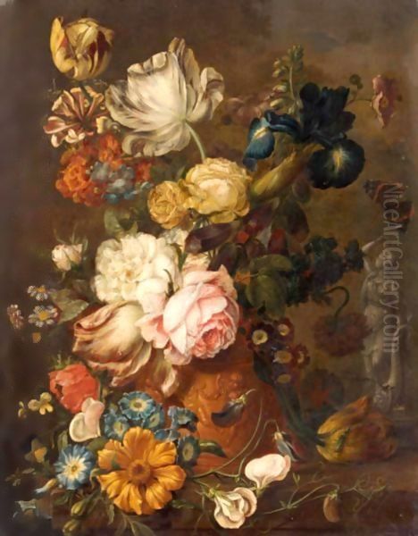 A Still Life With Roses, Irises, Tulips, Primroses, And Various Other Flowers In A Terracotta Urn On A Stone Ledge Oil Painting by Jan Van Huysum