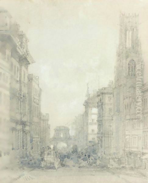 Fleet Street At Temple Bar With The Church Of St.Dunstans-In-The-West Oil Painting by David Roberts