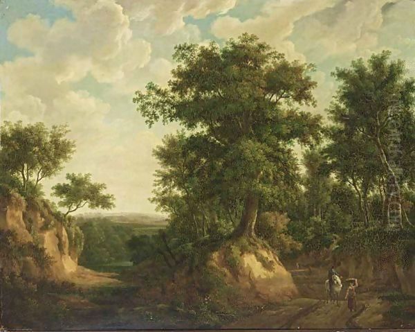 An Extensive Wooded Landscape With A Horseman, A Maid And Other Travellers On A Path Oil Painting by Maximilien Lambert Gelissen