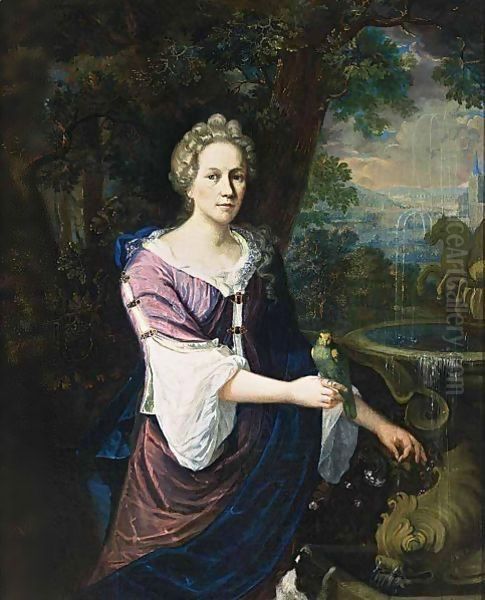 A Portrait Of A Lady, Standing Three-Quarter Lenght Near A Fountain, Wearing A Purple Dress With White Undergarment And A Blue Shawl, Holding A Parrot On Her Right Hand, A Dog In The Foreground Oil Painting by Barend Van Kalraet