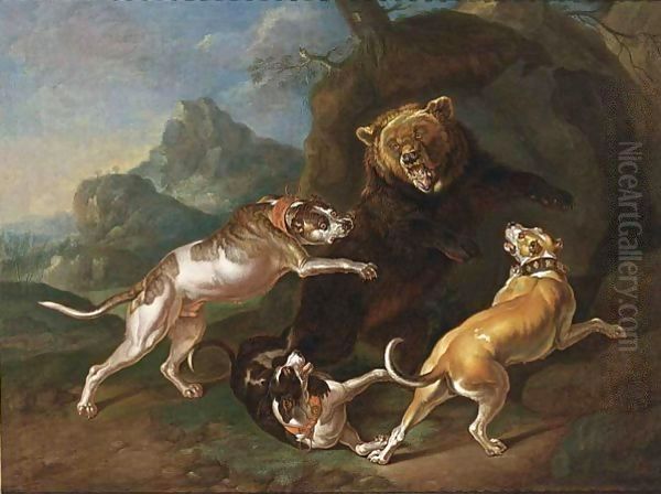 A Hunting Scene With Dogs Bringing Down A Bear Oil Painting by Ferdinand Phillip de Hamilton