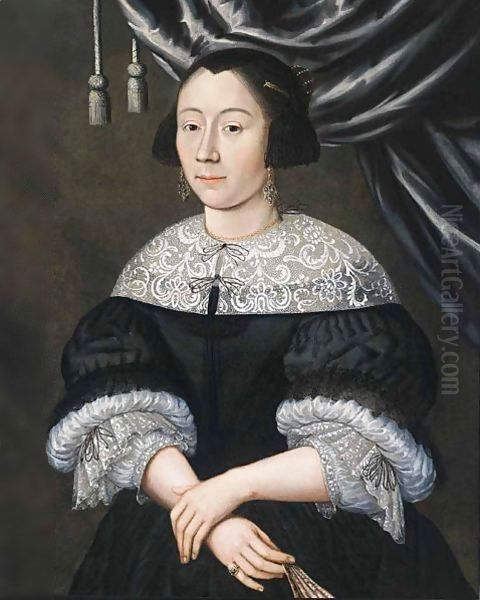 Portrait Of A Lady, Standing Half Length, Wearing A Black Dress With White Collar And Cuffs, A Black Bonnet, And Holding A Fan In Her Right Hand Oil Painting by Edwart Collier