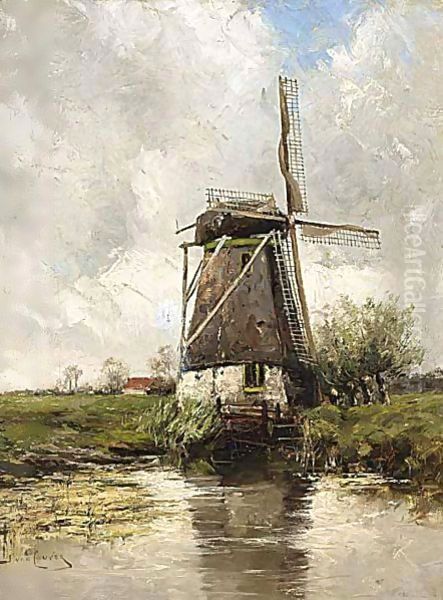 A Windmill In A Polder Landscape Oil Painting by Hermanus Jr. Koekkoek