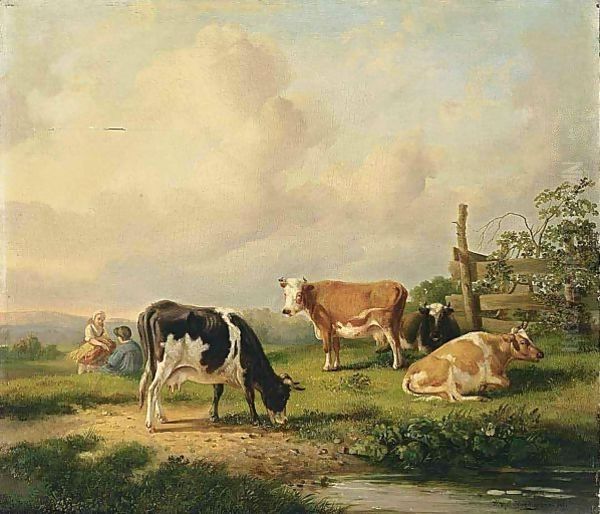 Cows In A Landscape Oil Painting by Hendrikus van den Sande Bakhuyzen