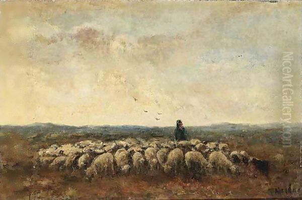 A Shepherd With His Flock Oil Painting by Taco Mesdag Kzn