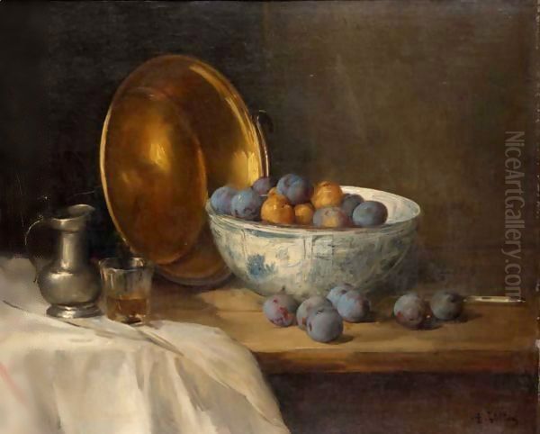 Still Life Of Plums With A Pewter Jug And Glass Oil Painting by Antoine Vollon