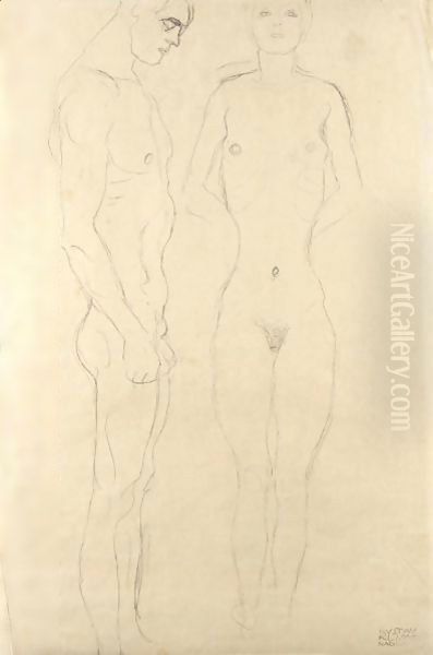 Athlet Im Profil Nach Rechts, Frauenakt Von Vorne (Athlete In Profile Facing Right, Female Nude Seen From The Front) Oil Painting by Gustav Klimt