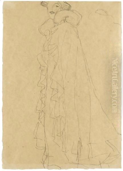 Stehend Nach Links, Skizze Des Kragens Von Hinten (Standing Turned To The Left, Sketch Of The Collar From Reverse) Oil Painting by Gustav Klimt