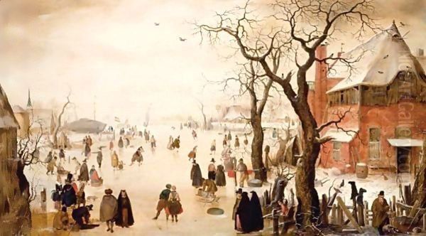 A Winter Scene With Many Figures Skating On A Frozen River Oil Painting by Hendrick Avercamp