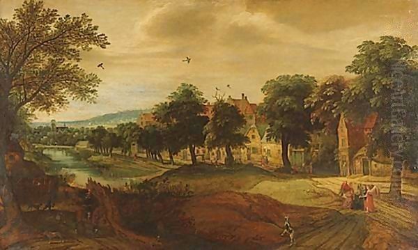 Abraham Meeting The Angels By A Village, An Extensive Landscape Beyond Oil Painting by Jacques Backereel