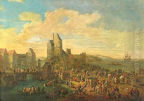 Port Scene With Figures A Pair Oil Painting by Pieter Casteels