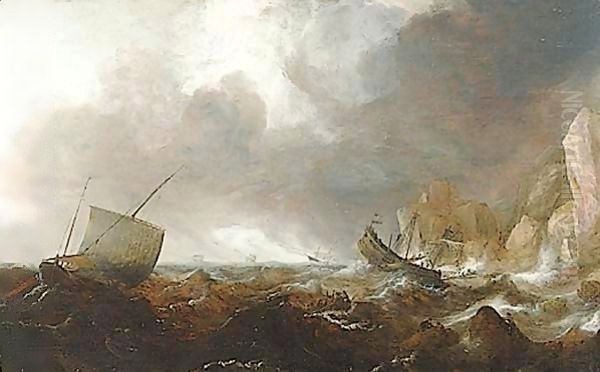 Fishing Boats In A Stormy Sea Oil Painting by Simon De Vlieger