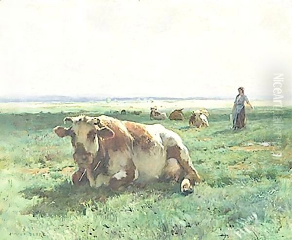 Cows At Pasture 2 Oil Painting by Julien Dupre