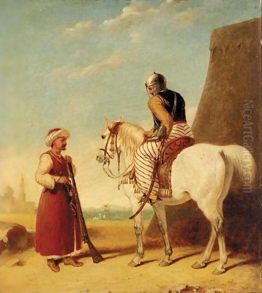 Two Mamluk Soldiers Outside A Walled Town Oil Painting by Abraham Cooper