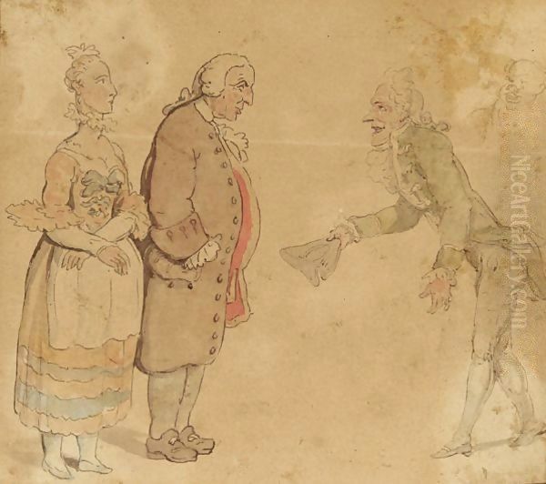 A Gentleman Bowing To A Couple Oil Painting by Thomas Rowlandson