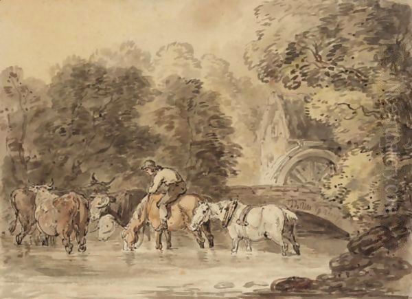 A Figure Watering His Cart Horses In A Stream Oil Painting by Thomas Rowlandson