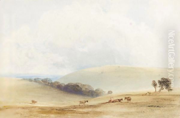 Cattle Grazing On The South Downs Oil Painting by Anthony Vandyke Copley Fielding