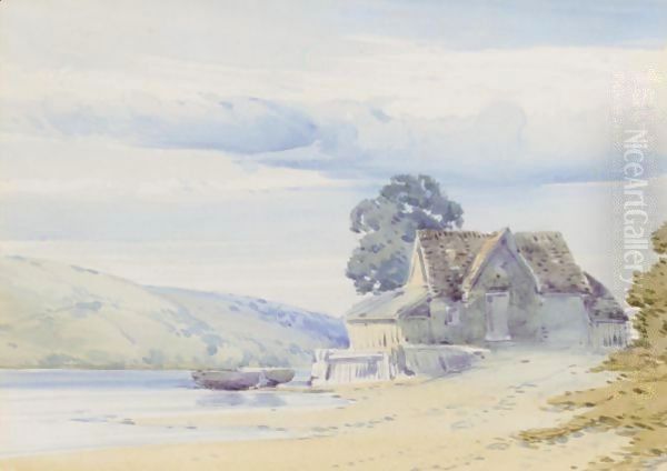 A Cottage By A Lake With Hills Beyond Oil Painting by John Callow