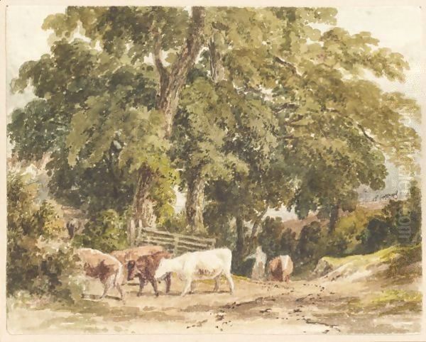 A Drover And Cattle In A Wooded Lane Oil Painting by Robert Hills