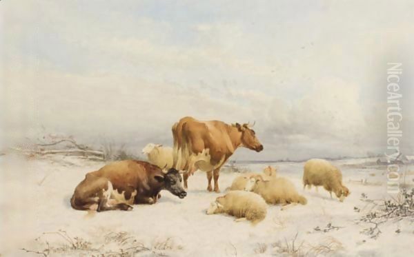 Winter - Sheep And Cattle Oil Painting by Thomas Sidney Cooper