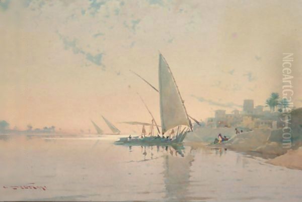 On The Nile - Near Aswan Oil Painting by Augustus Osborne Lamplough