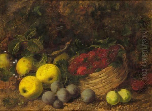 Still Life Of Apples, Plums And Strawberries In A Basket Oil Painting by George Clare