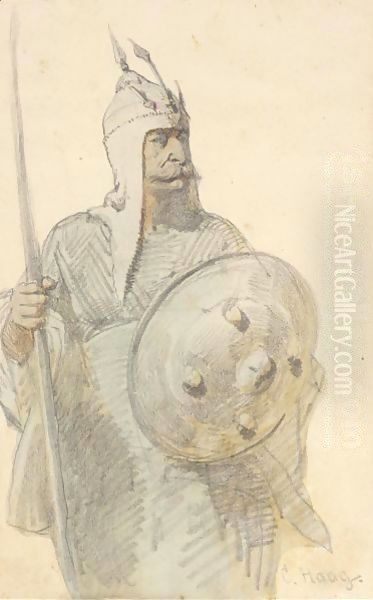 An Indo-Persian Warrior Oil Painting by Carl Haag