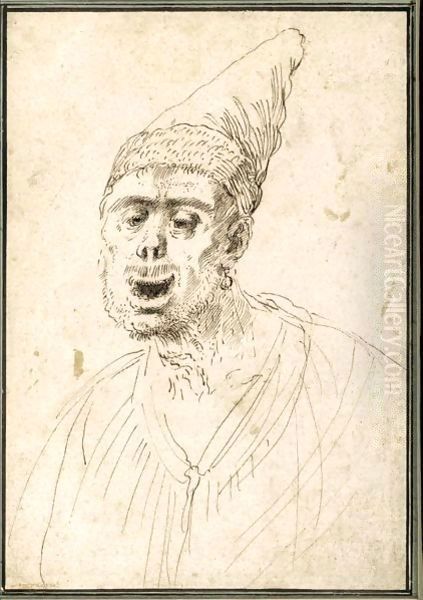 Caricature Of A Man In A Pointed Hat Oil Painting by Giovanni Francesco Barbieri