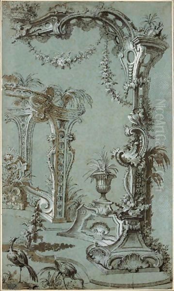 A Rocaille Fantasy With A Garden Decorated With A Rococo Trellis, A Fountain With Two Dolphins In The Background And Two Herons In The Foreground Oil Painting by Jacques de Lajoue