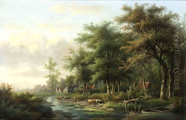 Cows In A River Landscape Oil Painting by Willem De Klerk