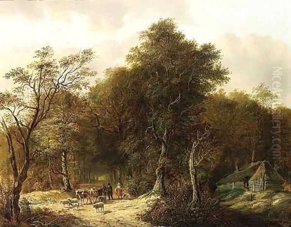 Travellers With Their Herd On A Path In A Forest Oil Painting by Johan Diderik Cornelis Veltens