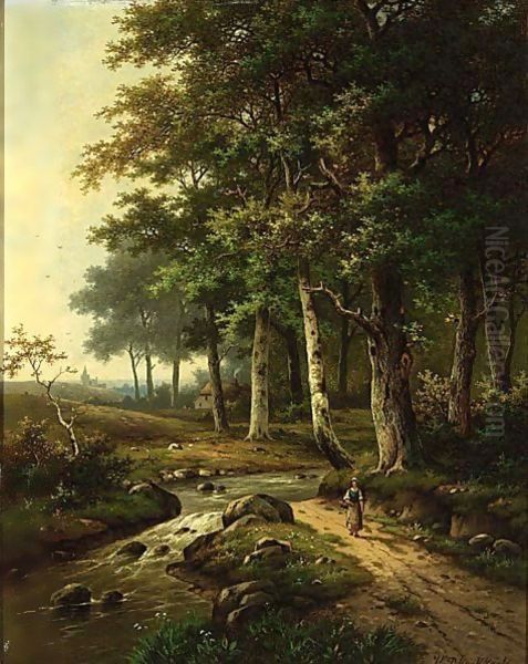 A Wooded Landscape With A Woman Travelling Near A Stream Oil Painting by Hendrik Pieter Koekkoek