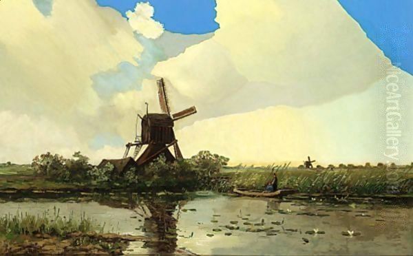 A Windmill And Anglers In A Polder Landscape Oil Painting by Hendrik-Dirk Kruseman van Elten