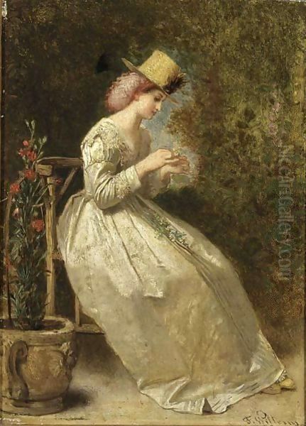 A Seated Lady In A Flower Garden, Wearing A White Satin Dress Oil Painting by Florent Willems