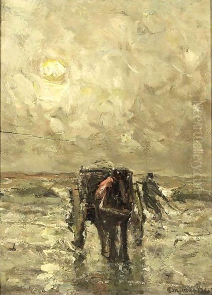 A Shell Fisher With His Carriage On The Beach Oil Painting by Gerhard Arij Ludwig Morgenstje Munthe