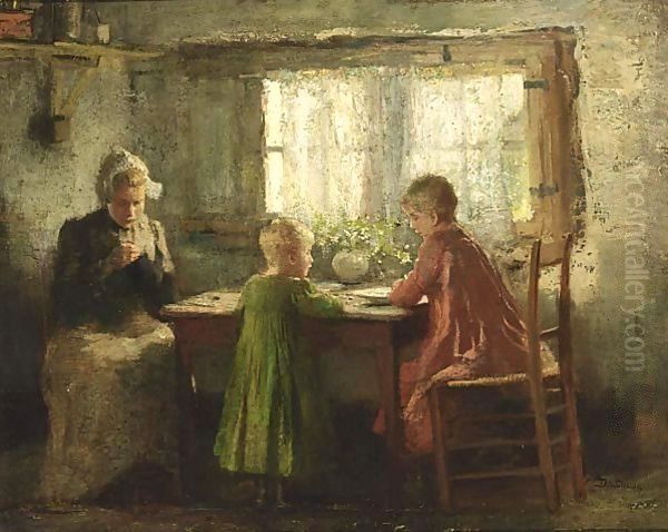 A Farm Interior With Children Oil Painting by Frans Deutmann