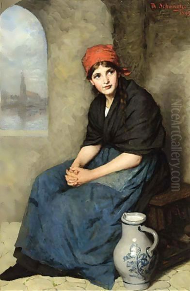 A Portrait Of A Seated Girl, Wearing A Dark Blue Dress And Red Headscarf Oil Painting by Therese Schwartze